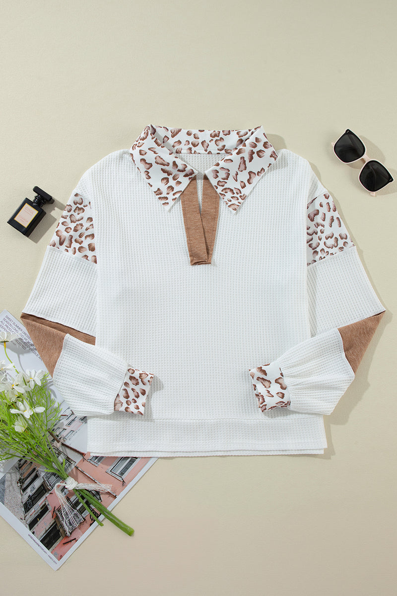 White Leopard Patchwork Turn-down Collar Waffle Top