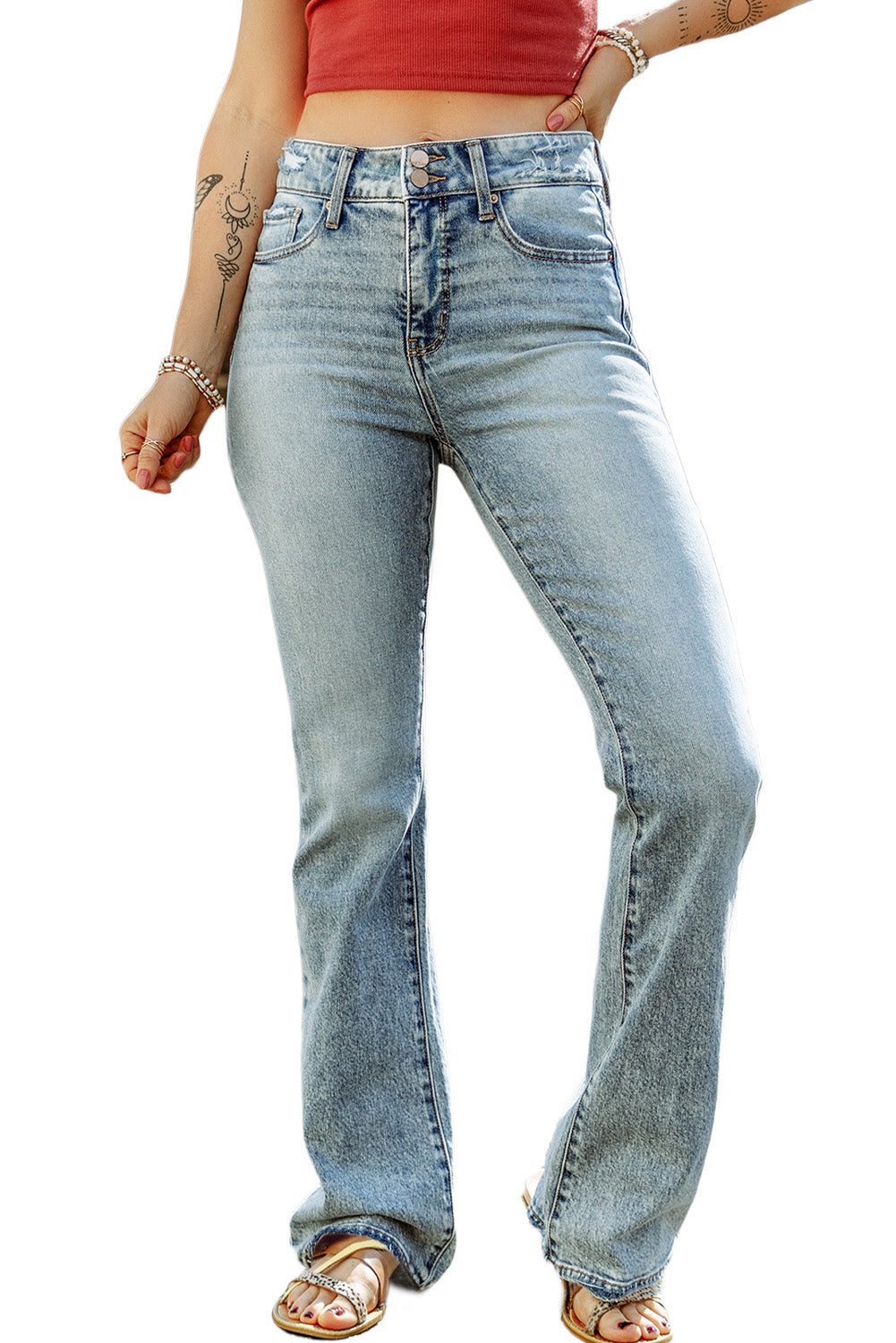 Sky Blue Subtle Ripped Detail Flare Bottom Jeans