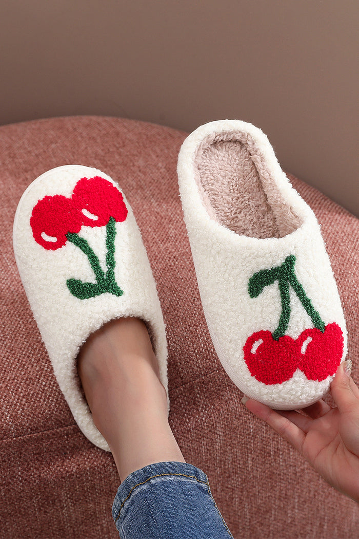 White Cute Fruit Cherry Pattern Winter Plush Slippers