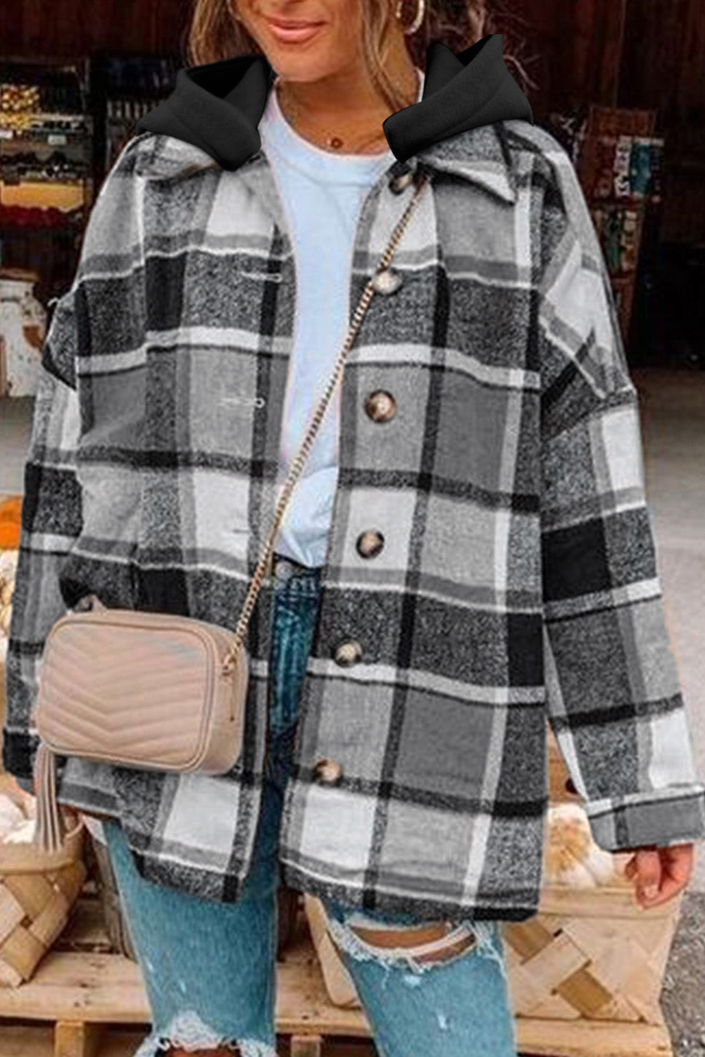 Gray Hooded Plaid Button Front Shacket