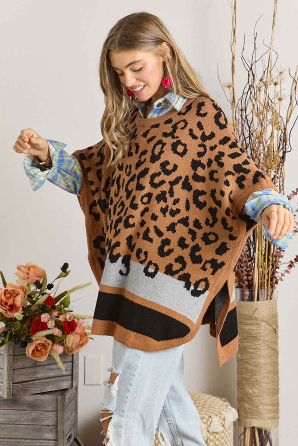 Camel Leopard Print Poncho Sweater