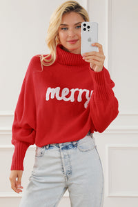 Blackish Green Merry Letter Embroidered High Neck Sweater