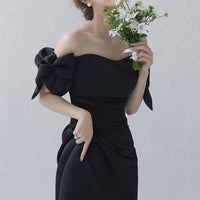 Sweet Bow Off The Shoulder Wedding Dresses Satin Black Evening Dress Elegant Floor-length A Line Simple Bridal Dress Customized