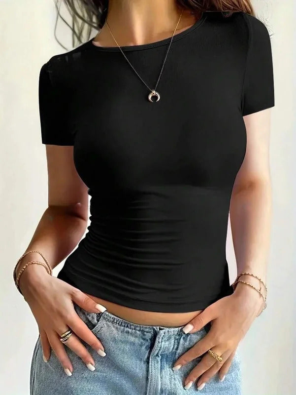 Womens Basic T-Shirts Scoop Neck Short Sleeve Crop Tops Cute Summer Tops Slim Fit Tees Y2k Clothing 2024