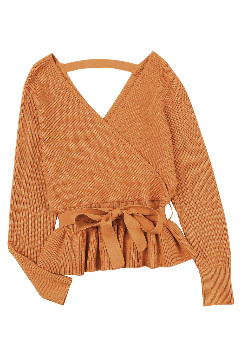 Brown Rib Knit Surplice Neck Belted Peplum Sweater