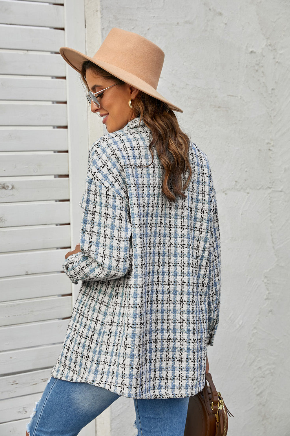 Sky Blue Plaid Print Button Knitted Jacket with Pocket