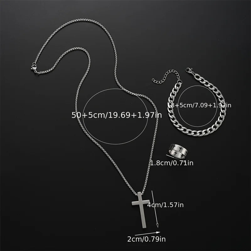 3pcs Set Men's Stainless Steel Metal Cross Pendant Chain Necklace Bracelet Ring Jewelry Set Male Hip Hop Daily Wear Accessories