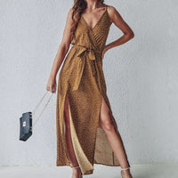 Summer Floral Print Long Dress Women Sexy Backless Bandage Slit Beach Sundresses Casual Elegant Black V Neck Sleeveless Dress