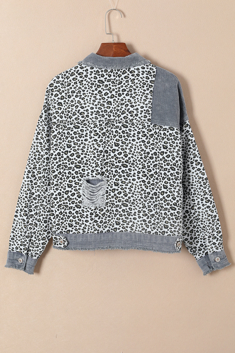 Gray Leopard Patchwork Corduroy Ripped Hem Button up Jacket