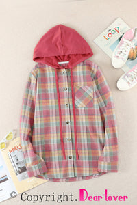 Red Drawstring Plaid Hooded Shacket