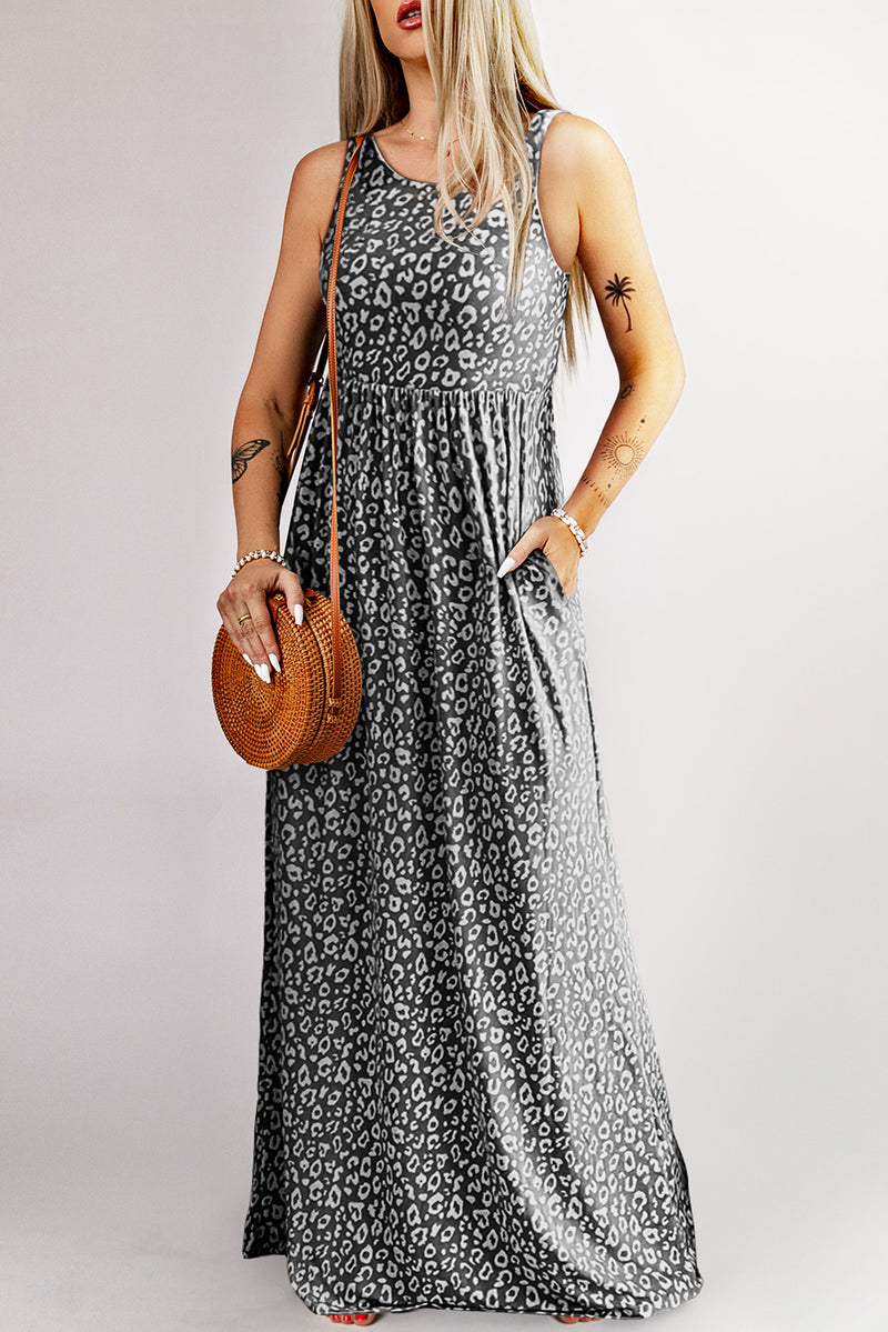 Udressshop Women's Leopard Print Pocketed Sleeveless Maxi Dress