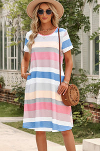 Udressshop Women's Multicolor Striped Pocket T Shirt Dress