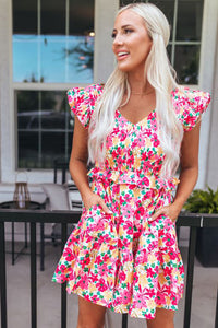 Udressshop Smocked Bodice Ruffle Trim Floral Dress