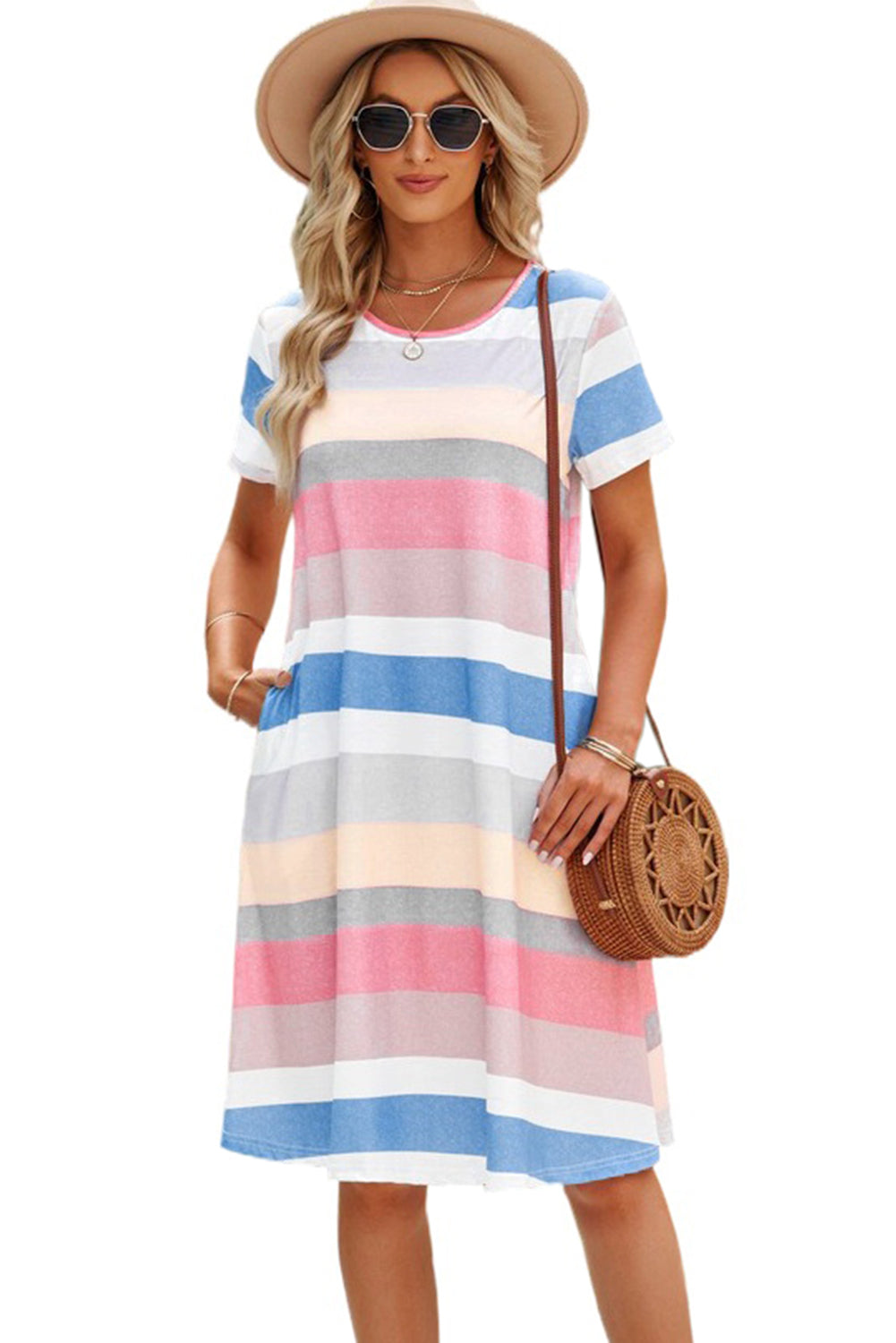 Udressshop Women's Multicolor Striped Pocket T Shirt Dress