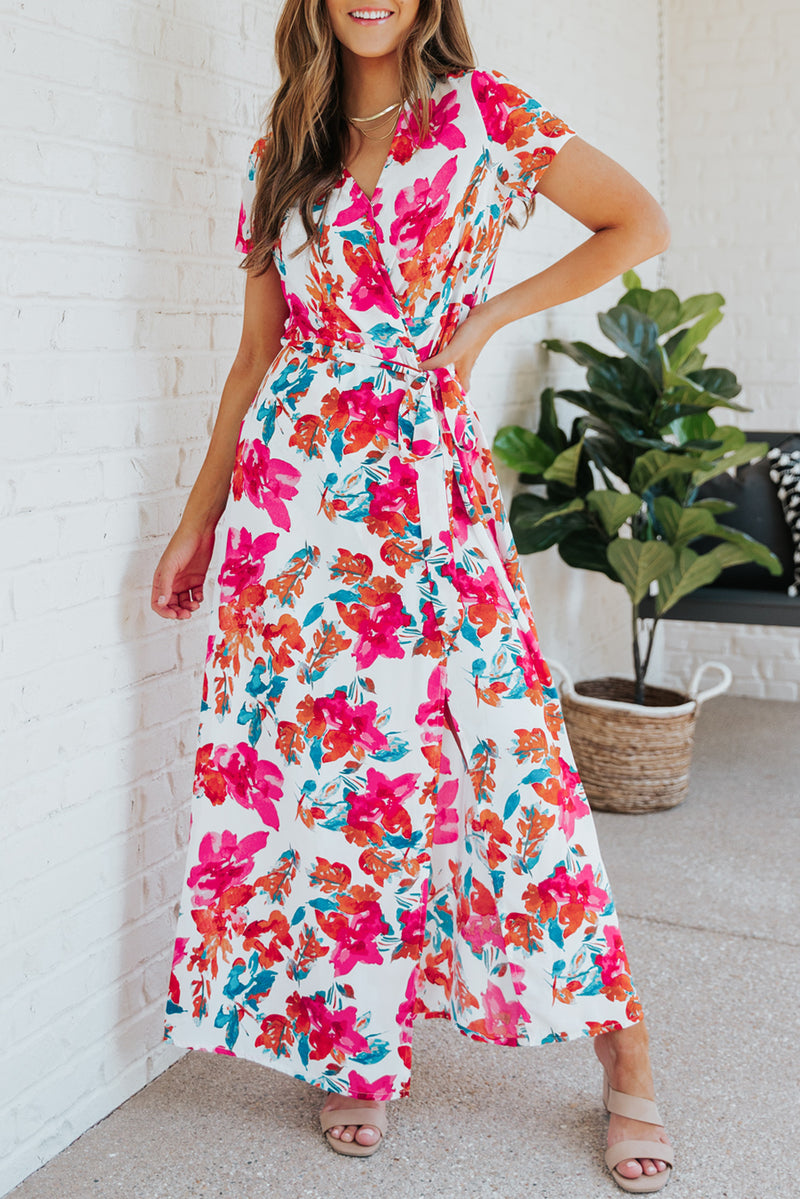 Udressshop Rose Wrap V Neck Short Sleeve Floral Maxi Dress