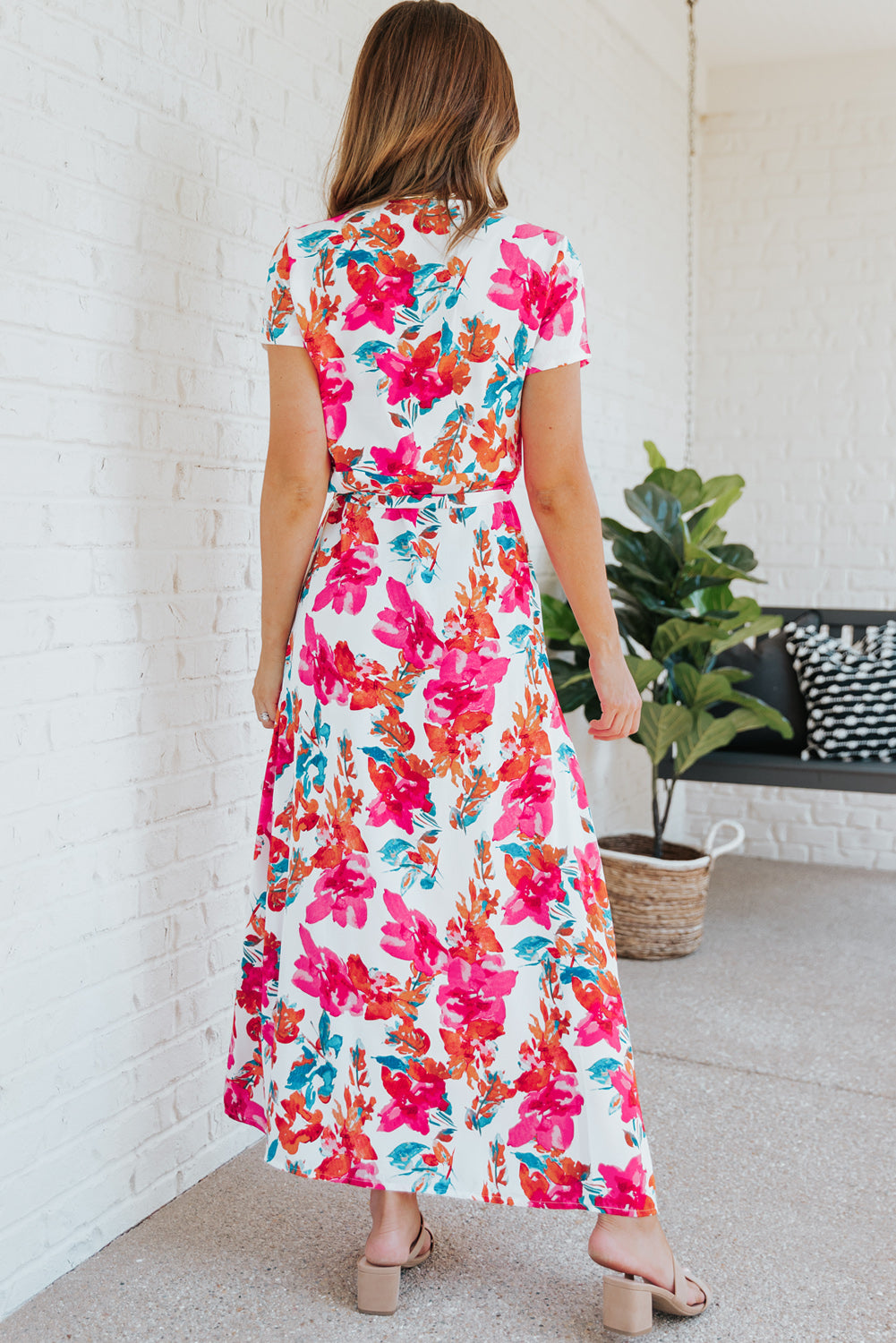 Udressshop Rose Wrap V Neck Short Sleeve Floral Maxi Dress