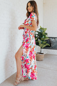 Udressshop Rose Wrap V Neck Short Sleeve Floral Maxi Dress