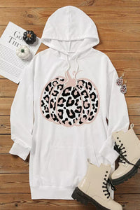 Udressshop White Halloween Pumpkin Leopard Hooded Women's Sweatshirt Dress