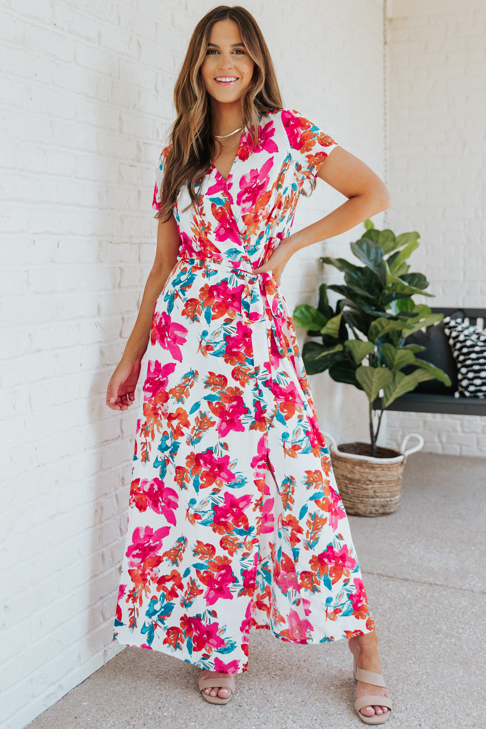 Udressshop Rose Wrap V Neck Short Sleeve Floral Maxi Dress