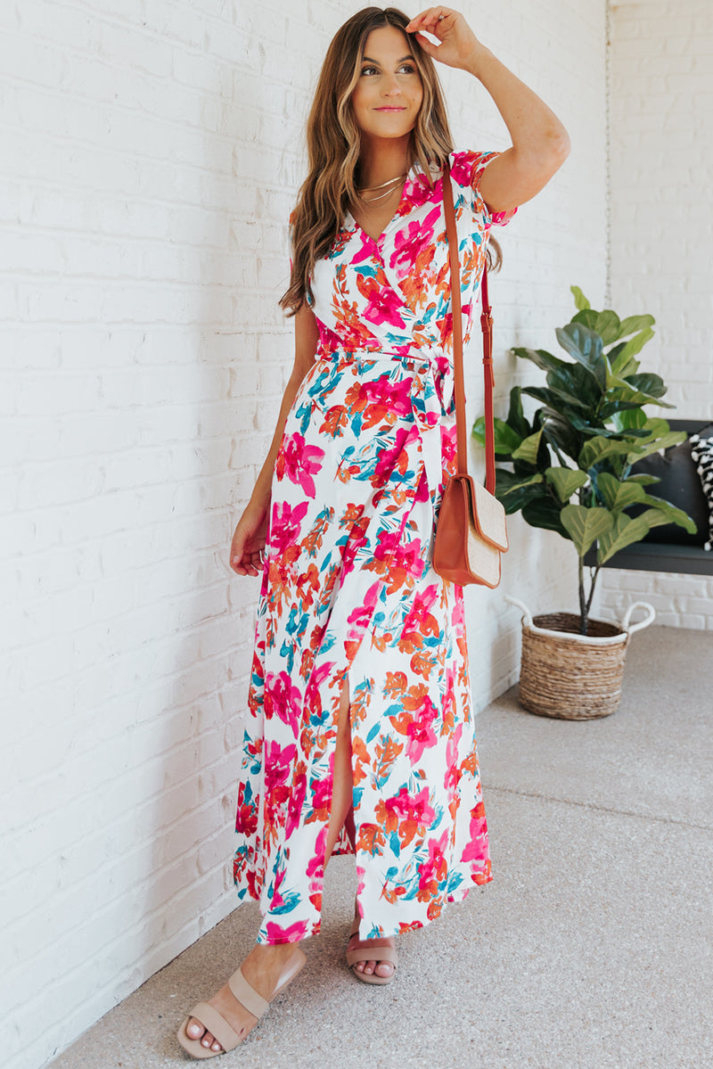 Udressshop Rose Wrap V Neck Short Sleeve Floral Maxi Dress