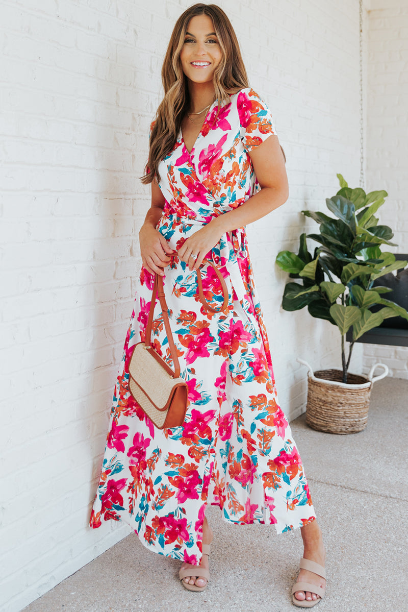 Udressshop Rose Wrap V Neck Short Sleeve Floral Maxi Dress