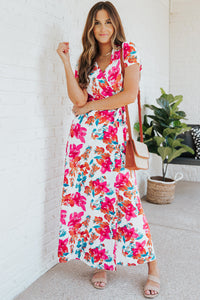 Udressshop Rose Wrap V Neck Short Sleeve Floral Maxi Dress