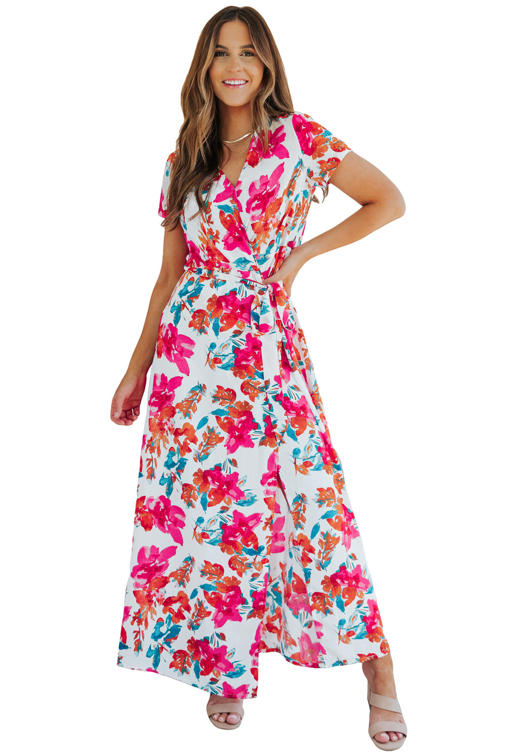 Udressshop Rose Wrap V Neck Short Sleeve Floral Maxi Dress