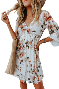 Udressshop White V Neck 3/4 Sleeve Floral Dress