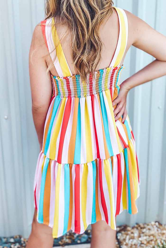 Udressshop Women's Rainbow Stripe Print Tiered Sundress