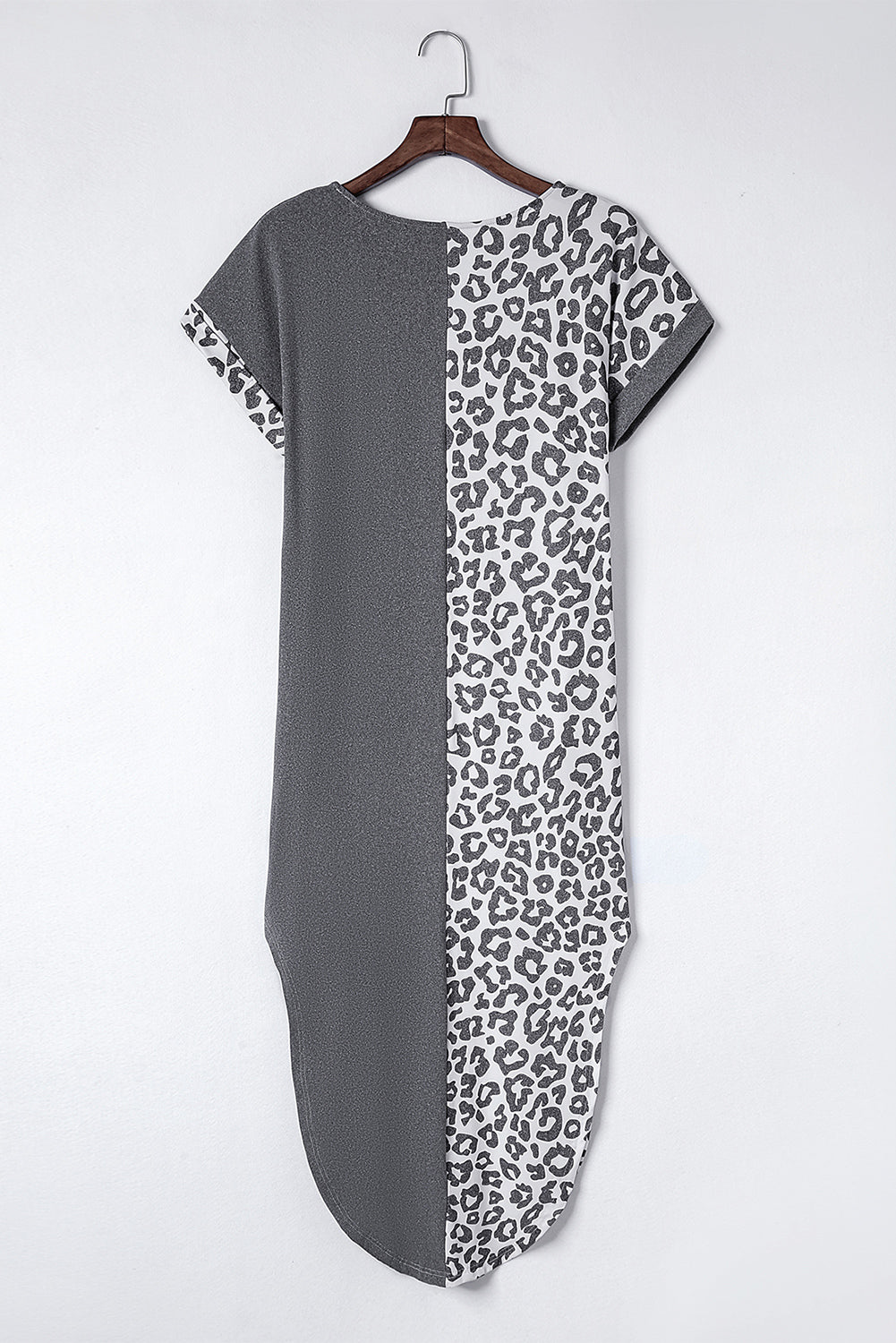 Udressshop Women's Contrast Solid Leopard Short Sleeve T-shirt Dress with Slits