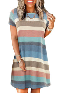 Udressshop Women's Multicolor Striped Pocket T Shirt Dress