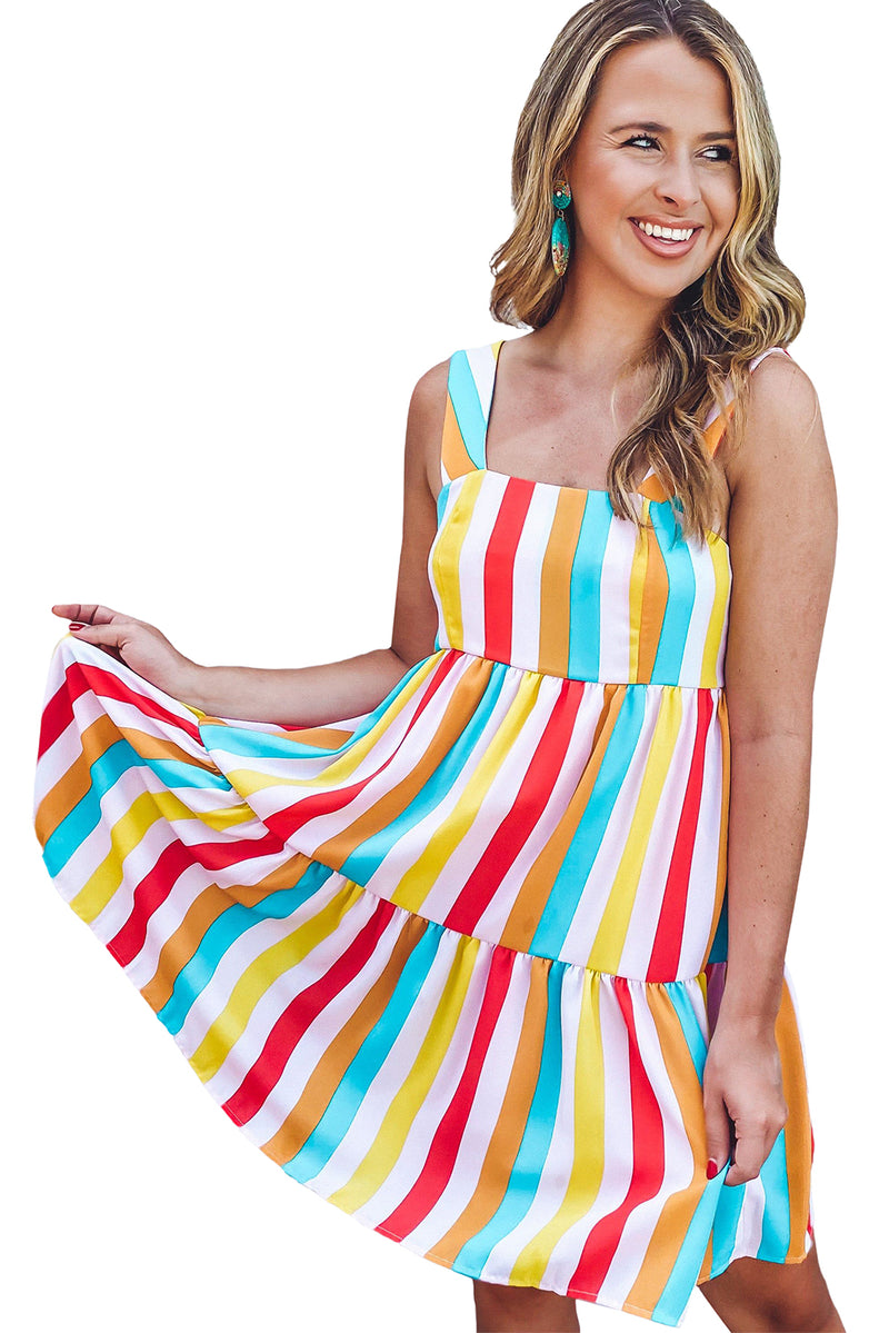 Udressshop Women's Rainbow Stripe Print Tiered Sundress