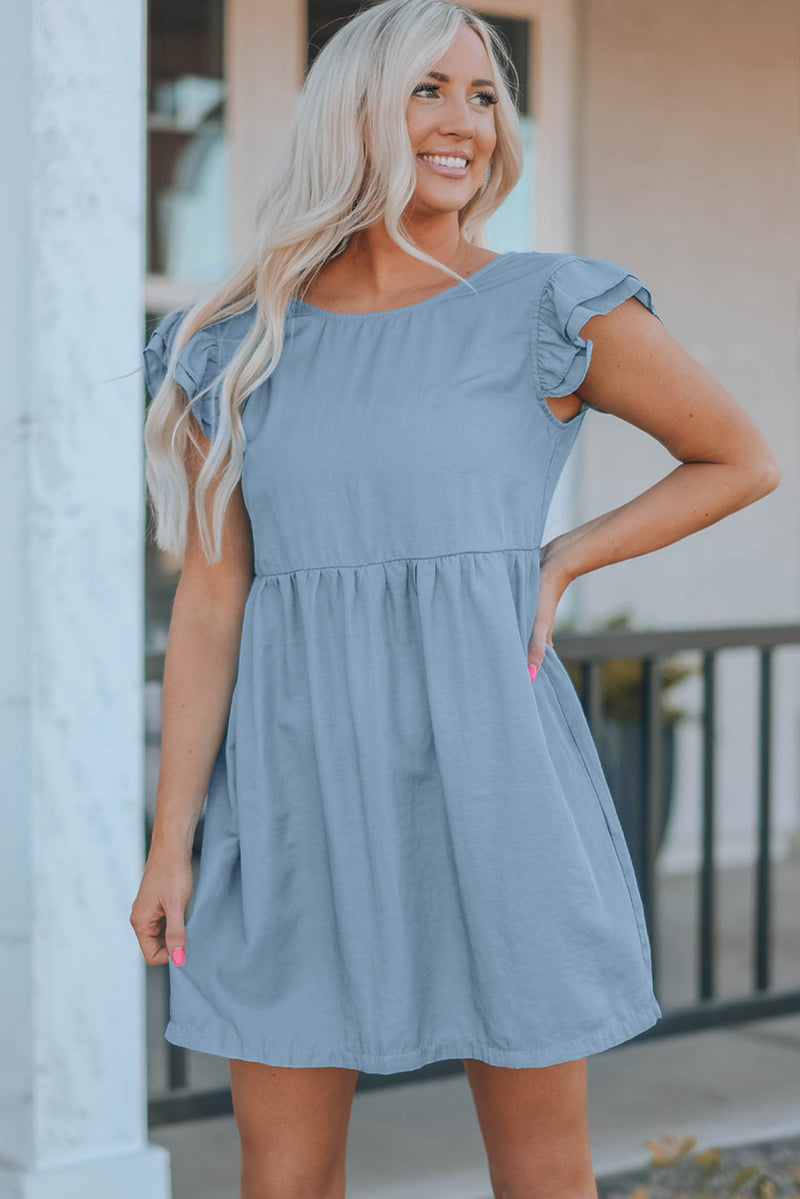 Udressshop Women's Flutter Sleeve Ruched Denim Casual Dress