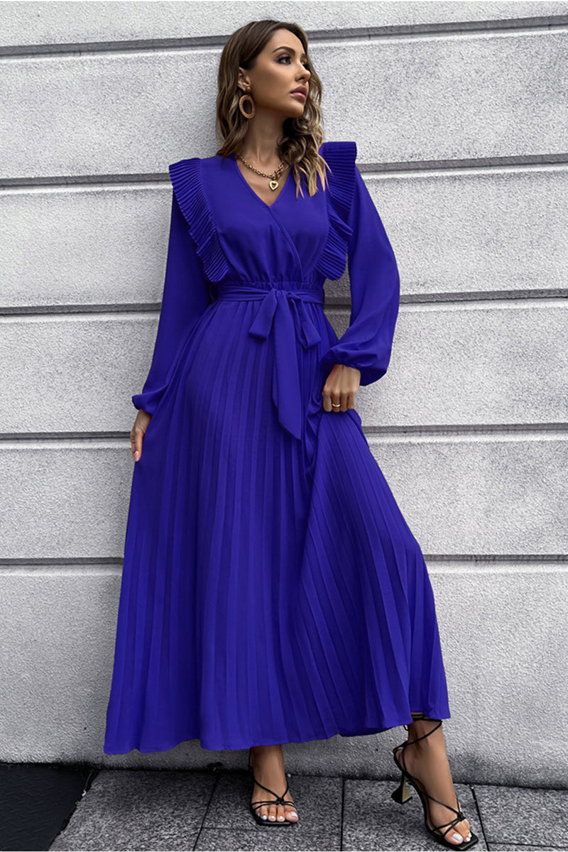 2022 V-neck Pleated Women's Long Sleeve Prom Maxi Dress Fall and Winter