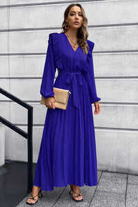 2022 V-neck Pleated Women's Long Sleeve Prom Maxi Dress Fall and Winter