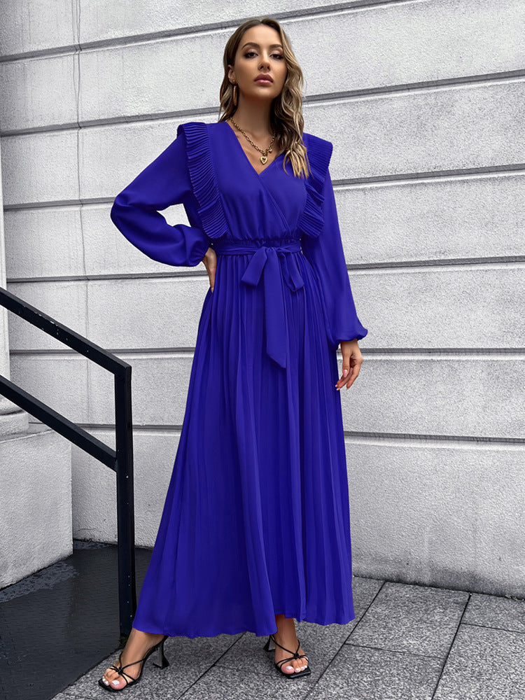 2022 V-neck Pleated Women's Long Sleeve Prom Maxi Dress Fall and Winter