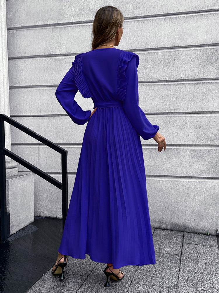 2022 V-neck Pleated Women's Long Sleeve Prom Maxi Dress Fall and Winter