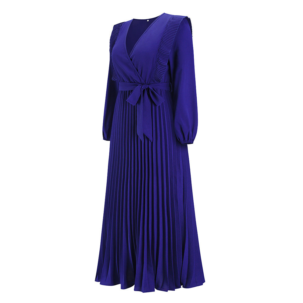 2022 V-neck Pleated Women's Long Sleeve Prom Maxi Dress Fall and Winter