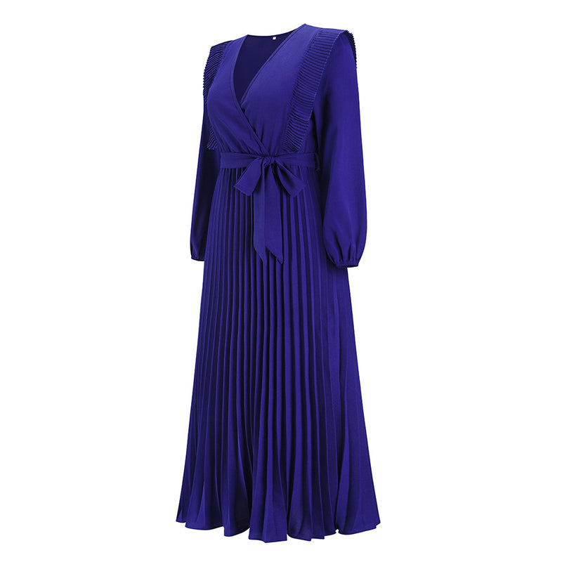 2022 V-neck Pleated Women's Long Sleeve Prom Maxi Dress Fall and Winter