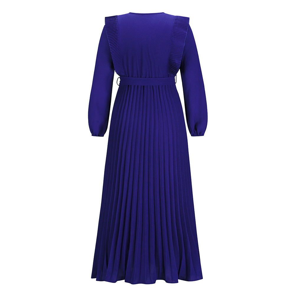 2022 V-neck Pleated Women's Long Sleeve Prom Maxi Dress Fall and Winter