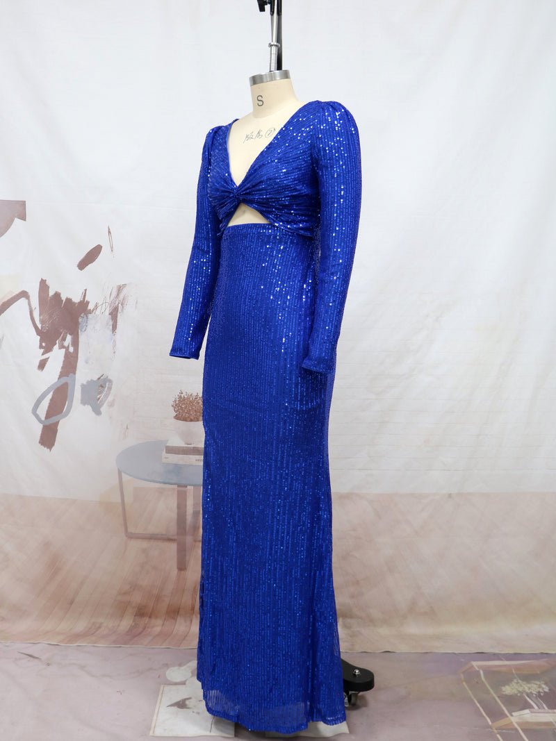 2022 Women's Sexy V-Neck Sequined Long Sleeve Party Evening Dress