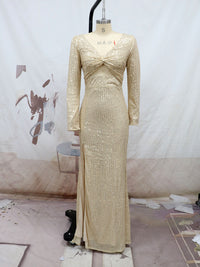 2022 Women's Sexy V-Neck Sequined Long Sleeve Party Evening Dress