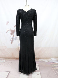 2022 Women's Sexy V-Neck Sequined Long Sleeve Party Evening Dress