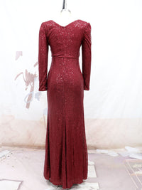 2022 Women's Sexy V-Neck Sequined Long Sleeve Party Evening Dress