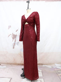 2022 Women's Sexy V-Neck Sequined Long Sleeve Party Evening Dress