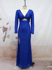 2022 Women's Sexy V-Neck Sequined Long Sleeve Party Evening Dress