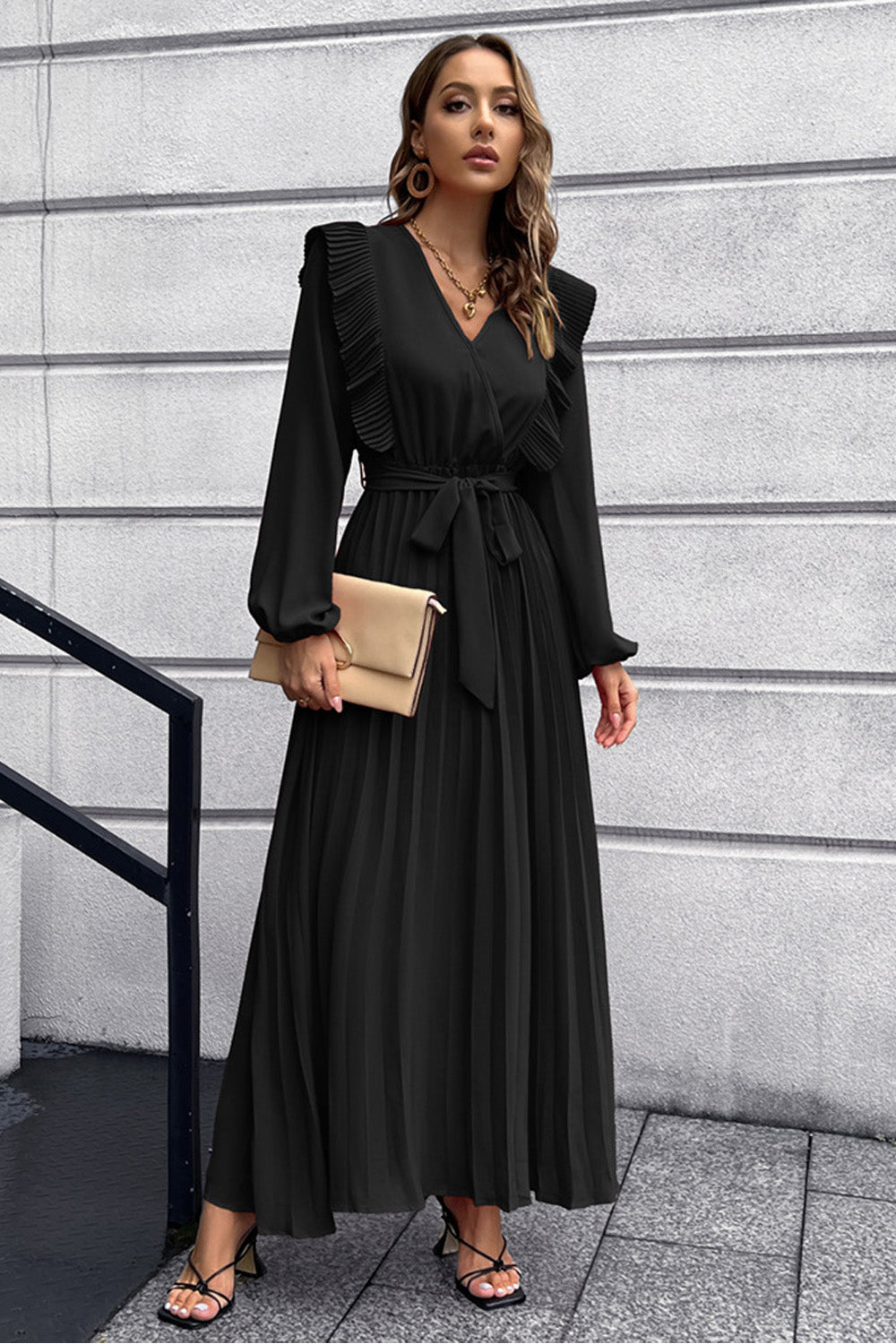 2022 V-neck Pleated Women's Long Sleeve Prom Maxi Dress Fall and Winter