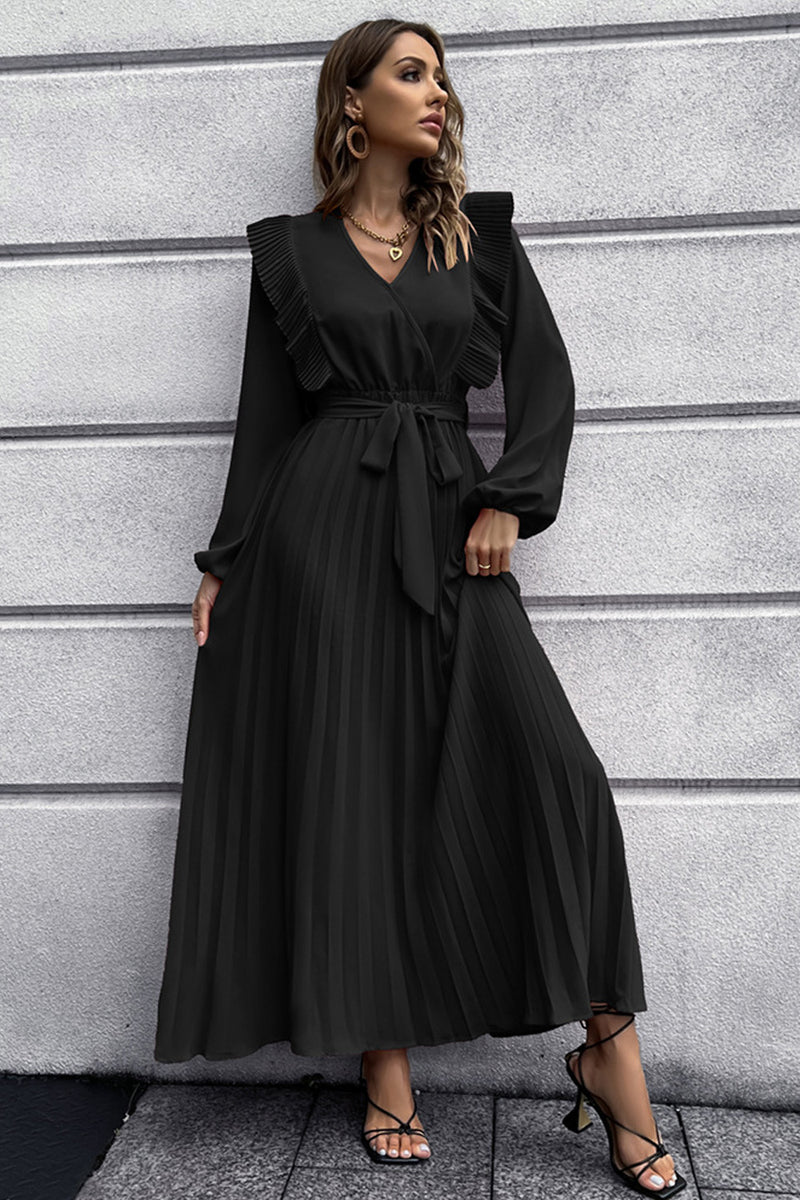 2022 V-neck Pleated Women's Long Sleeve Prom Maxi Dress Fall and Winter