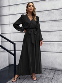 2022 V-neck Pleated Women's Long Sleeve Prom Maxi Dress Fall and Winter