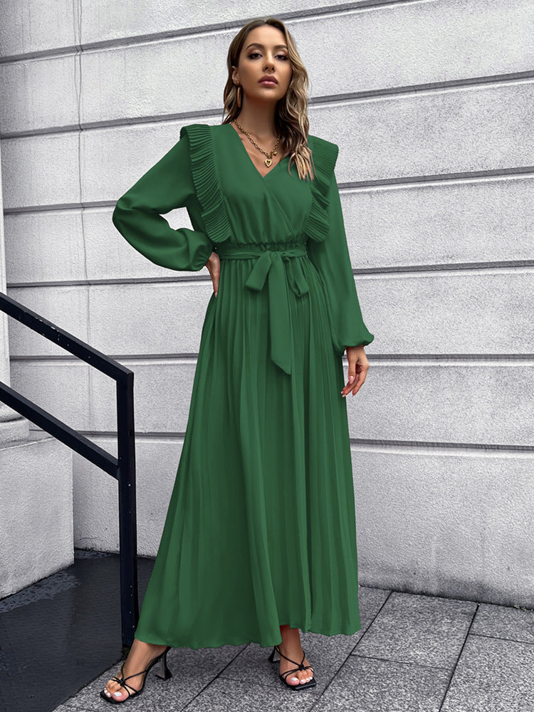 2022 V-neck Pleated Women's Long Sleeve Prom Maxi Dress Fall and Winter